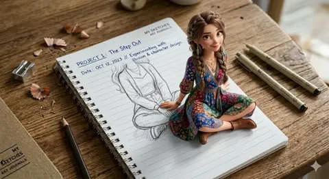 3d girl popping out of notebook