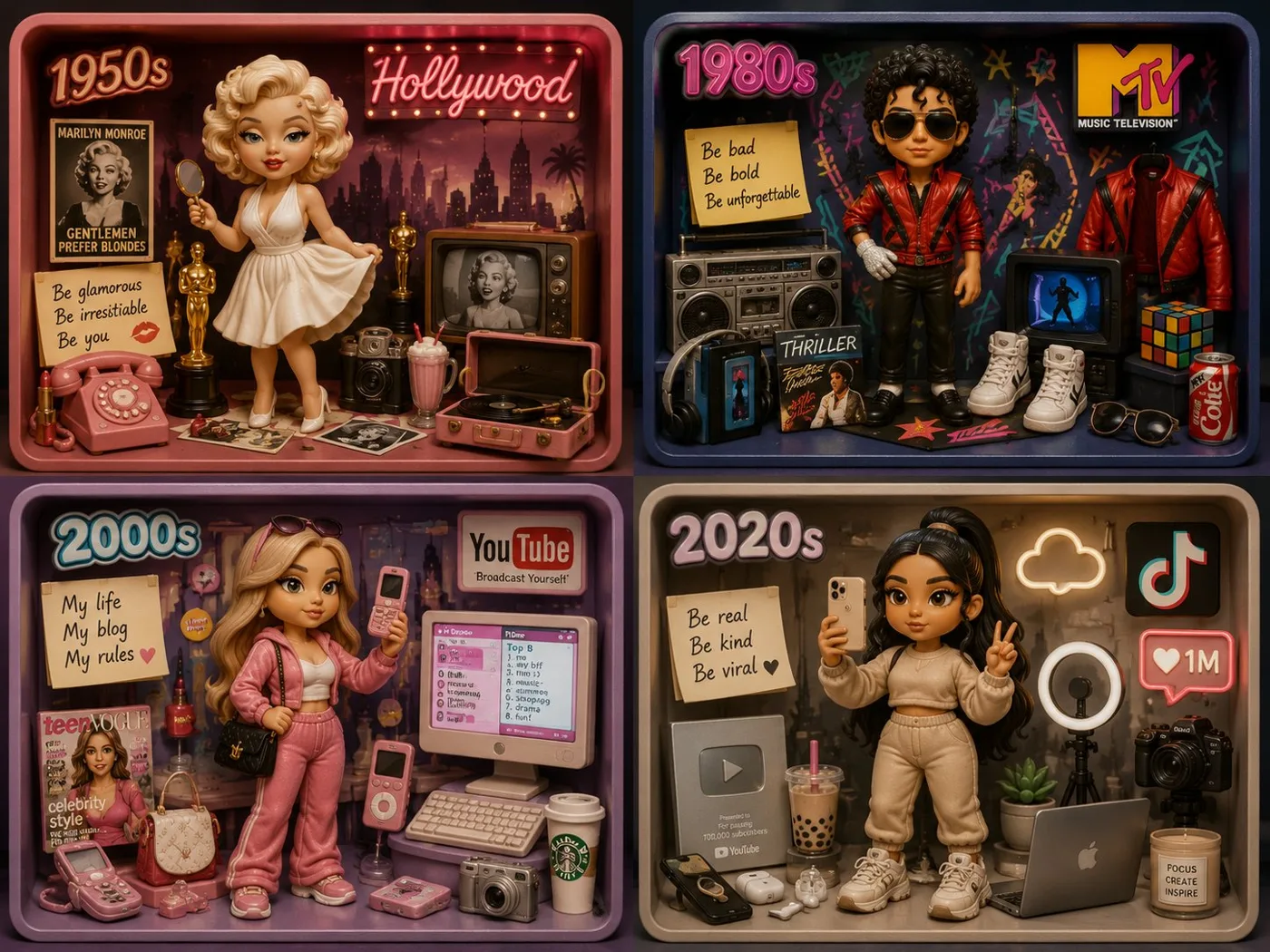Multi era influencer collectible diorama prompt — Sonra