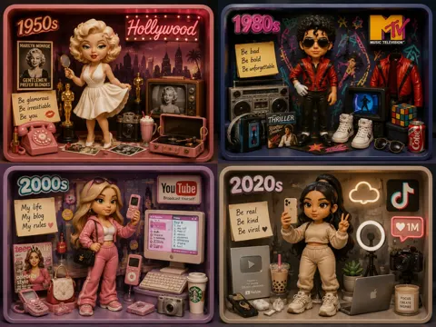 Multi era influencer collectible diorama prompt