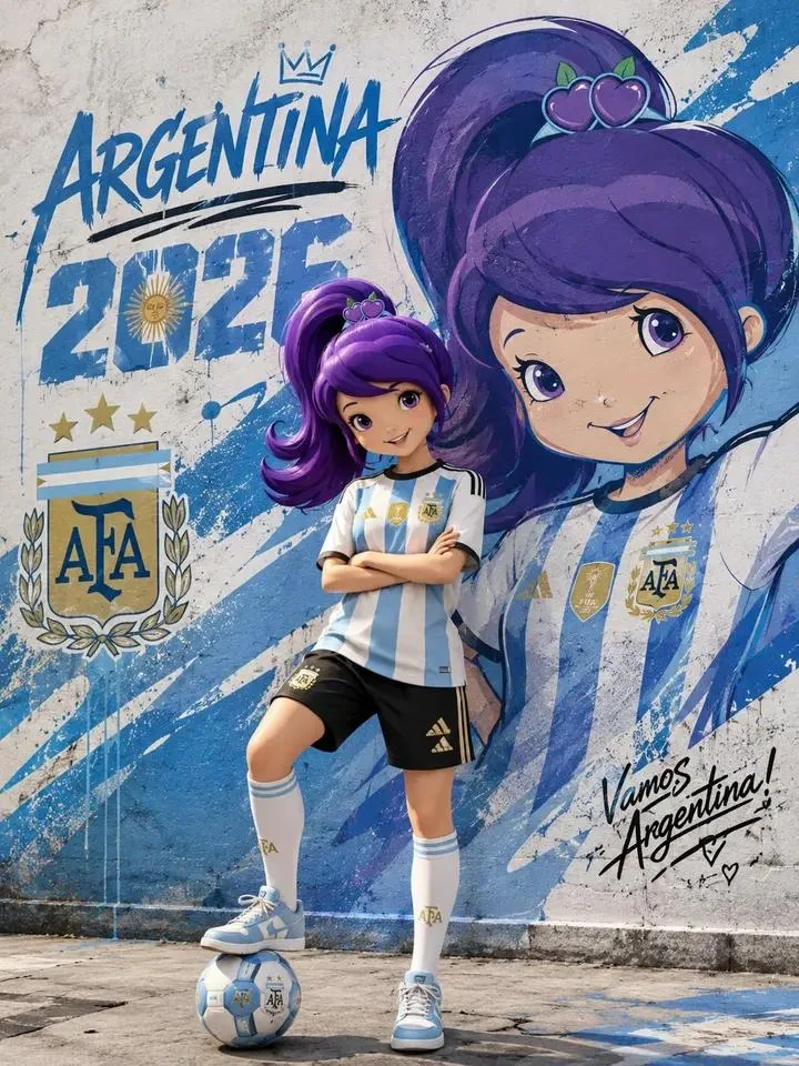 Argentina football street art poster purple hair girl — Sonra