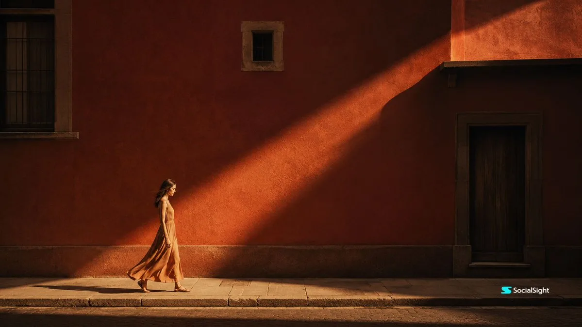 Cinematic urban golden hour woman red wall — After