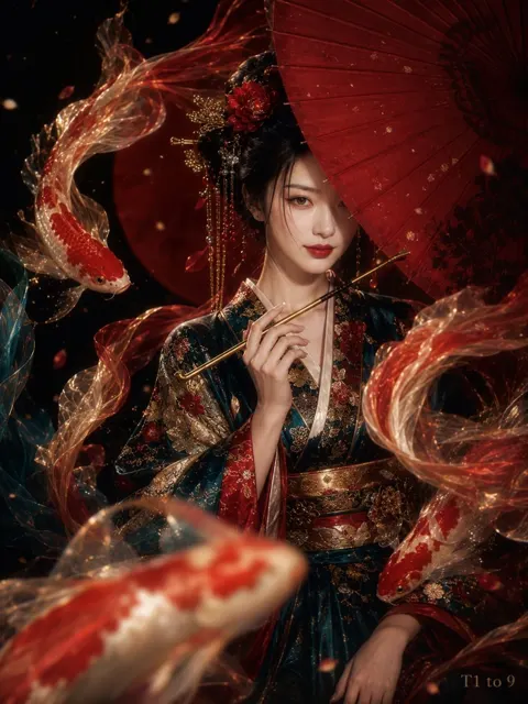 Oriental luxury studio portrait koi silk art