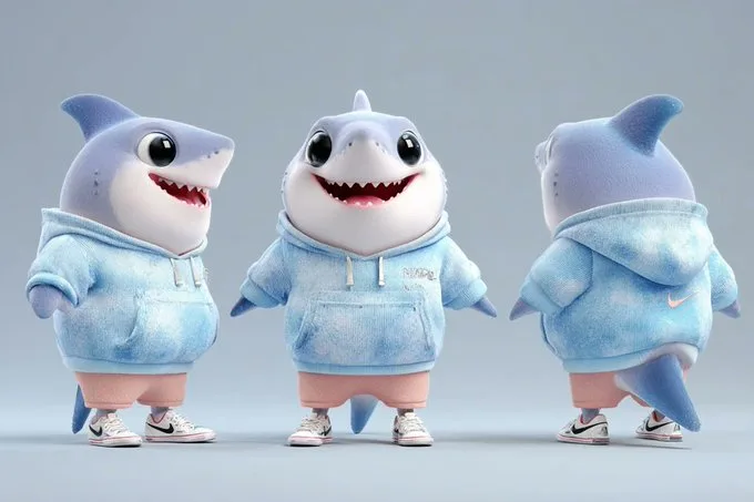 Pixar style anthropomorphic mascot triple view — Sonra