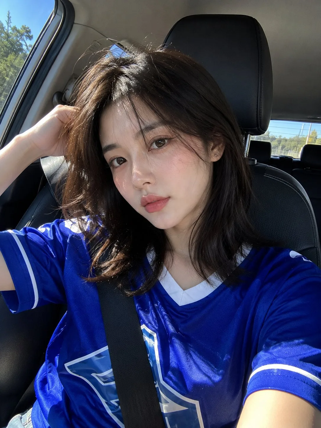 Ultra realistic smartphone selfie east asian woman blue football jersey car — After
