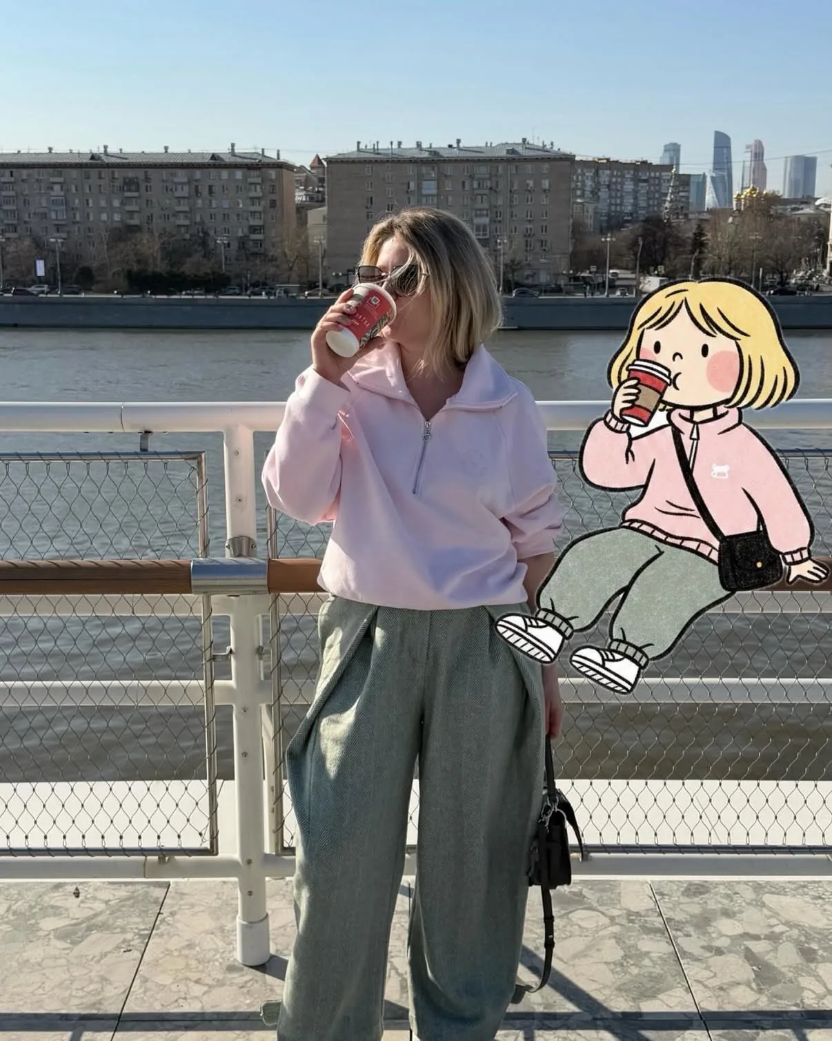 Street photography woman cartoon illustration pink sweatshirt — After