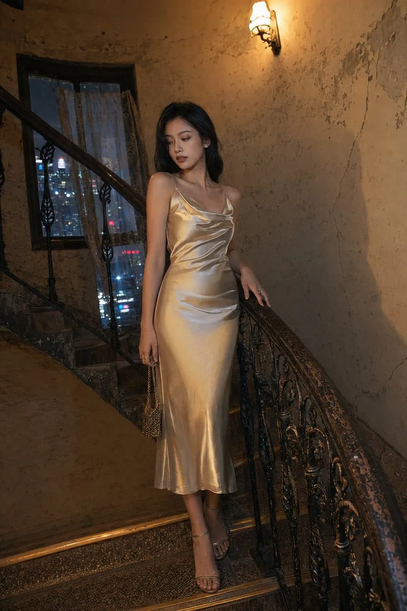 Shanghai shikumen vintage staircase silk dress woman night — Sonra
