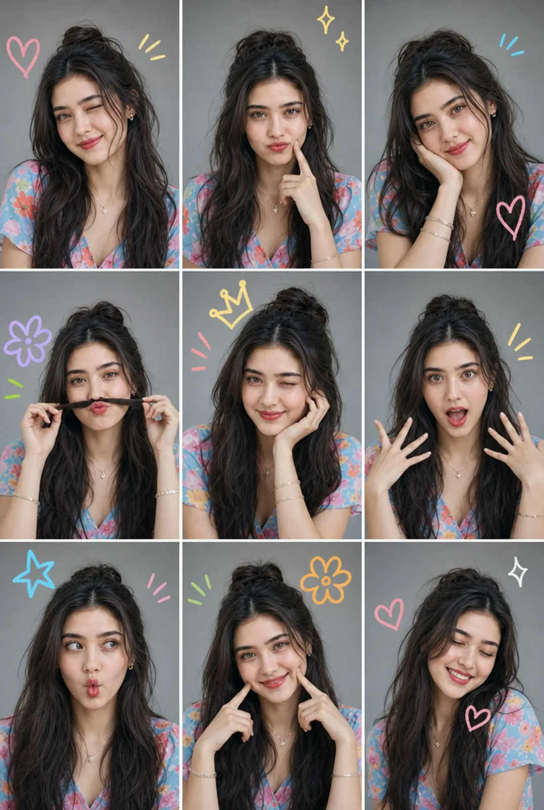Nine panel funny portrait collage doodles — Sonra