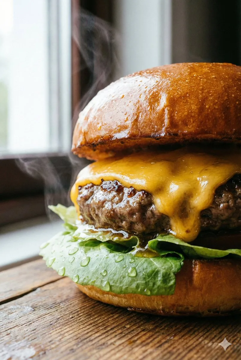 Mouthwatering melting cheese burger macro — Sonra