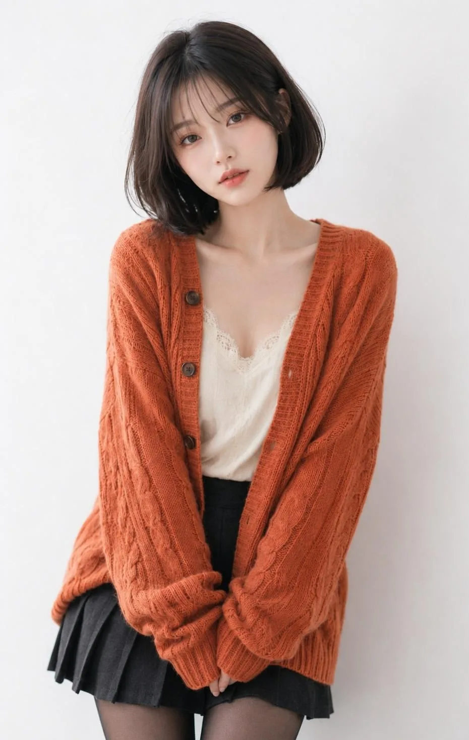 Woman orange cardigan brown bob korean portrait — Sonra