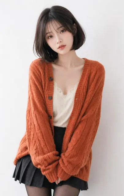 Woman orange cardigan brown bob korean portrait