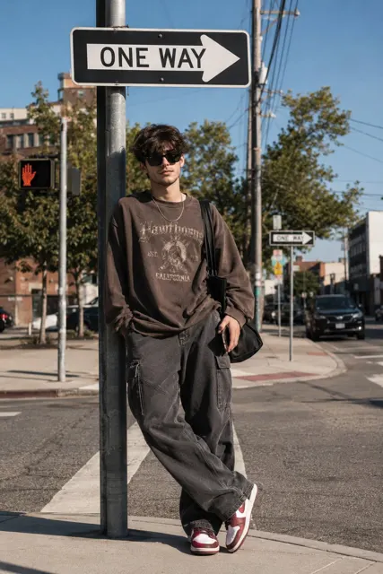 Cinematic street fashion korean streetwear man portrait