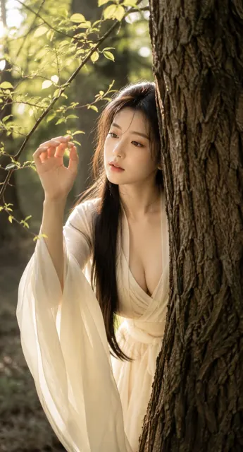 Ancient chinese woman peeking behind tree portrait