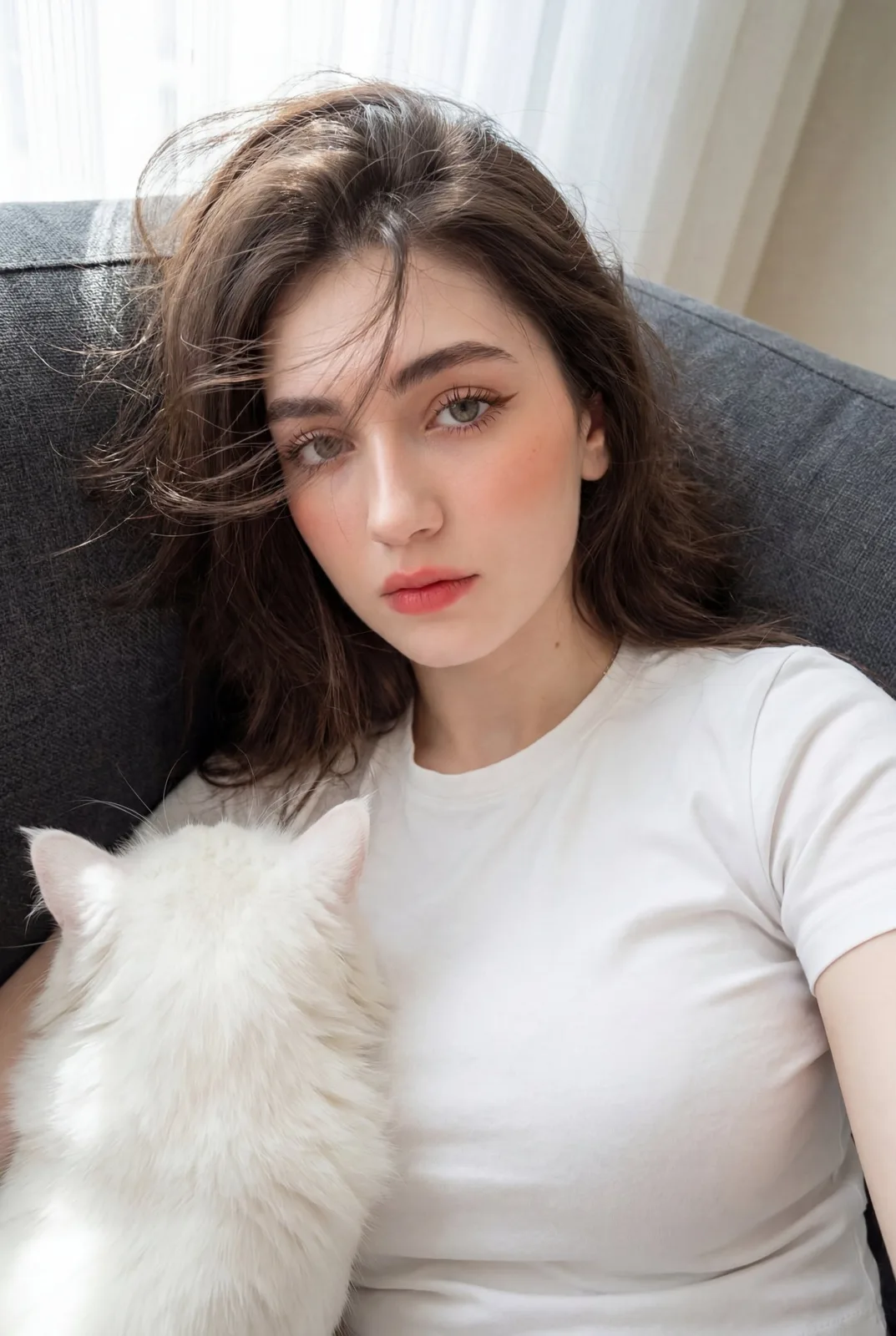 Young woman kissing white cat selfie 8k photo — After