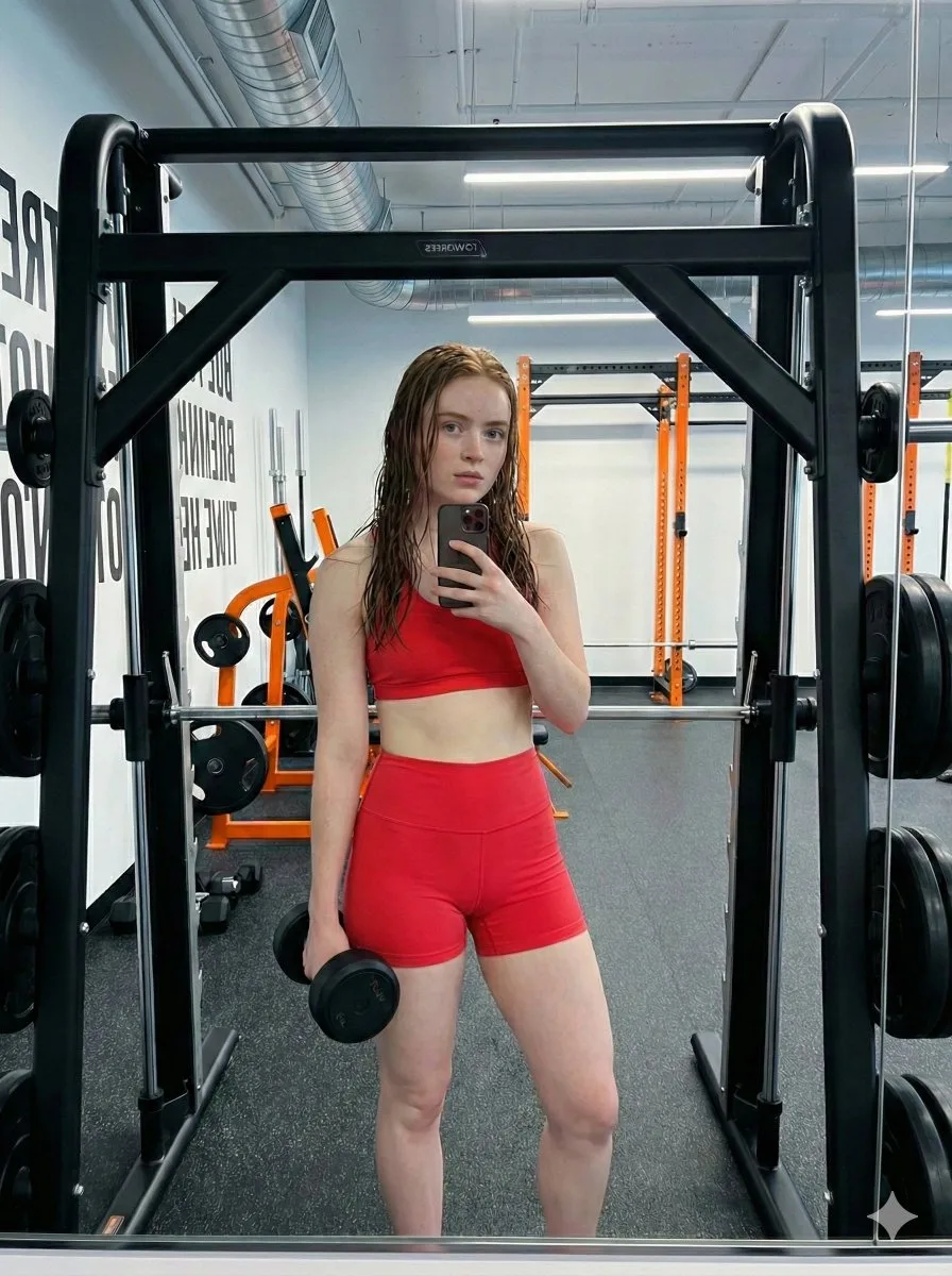 Rose pink sporty girl industrial gym selfie — Sonra