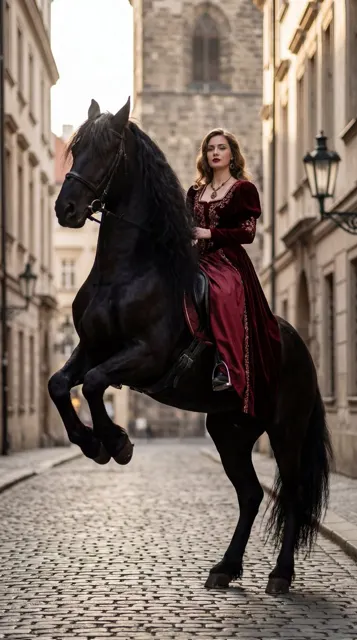 Dark red lady rearing horse