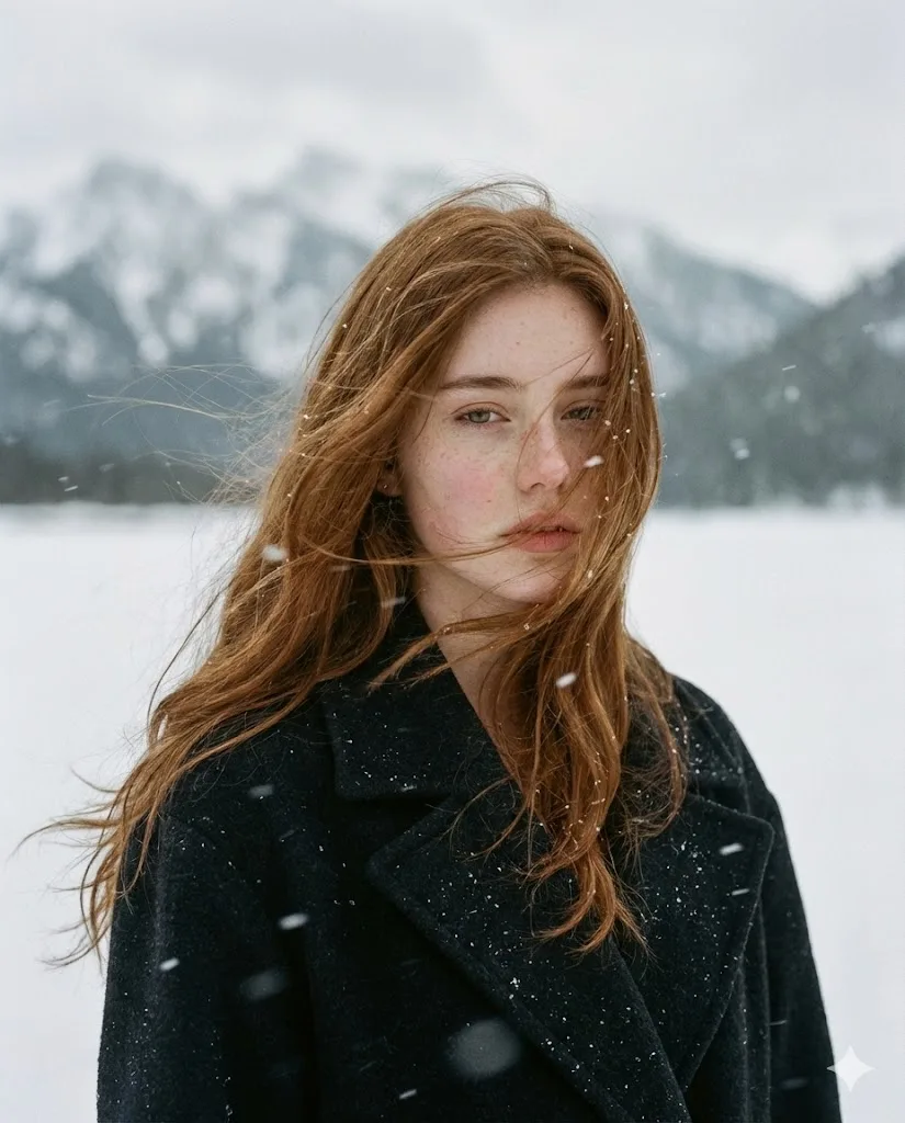 Snowy mountain redhead cinematic portrait — After