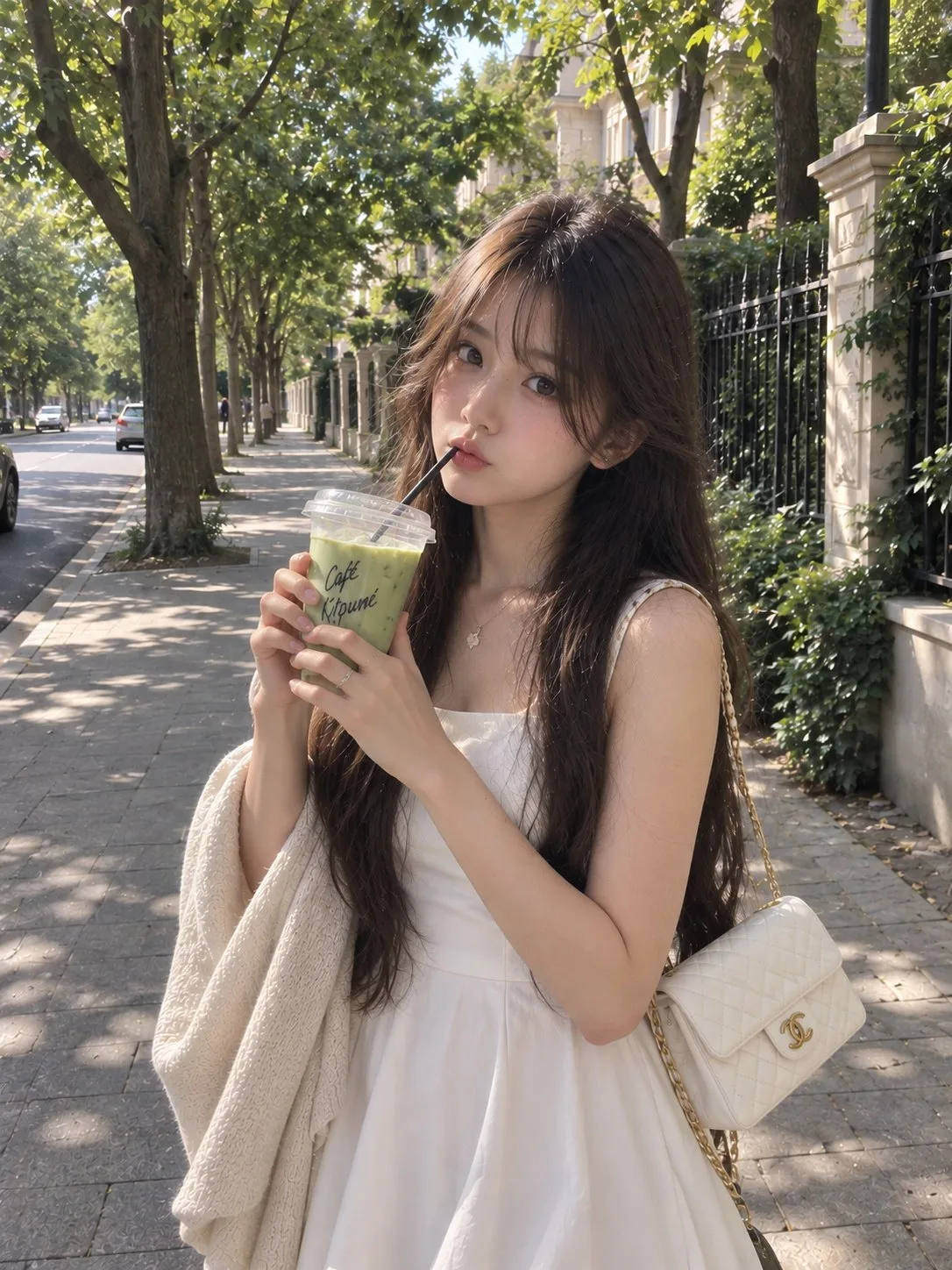Ultra realistic outdoor lifestyle portrait woman matcha — Sonra