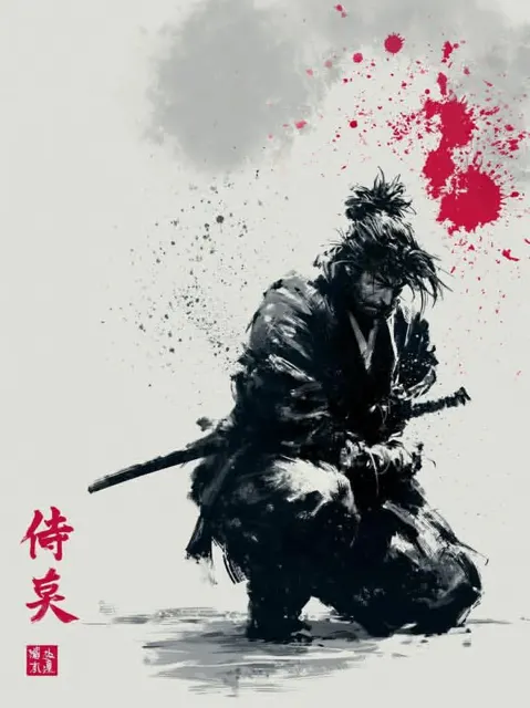 Traditional japanese sumie samurai ink painting