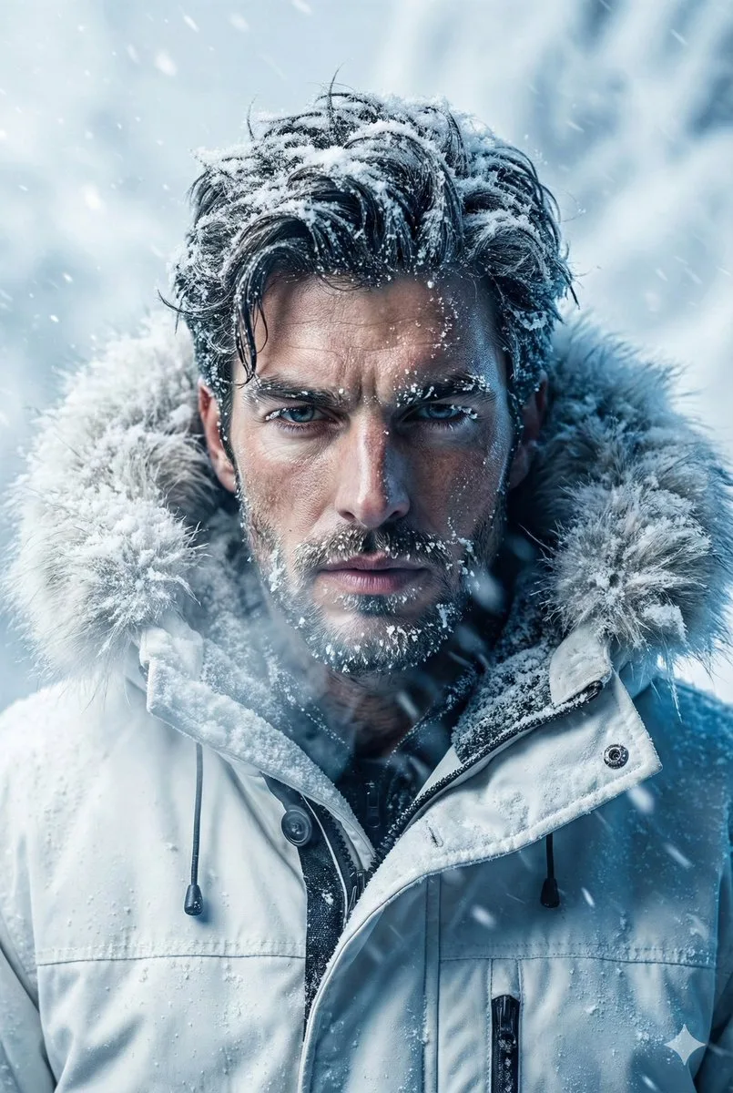 Cinematic arctic explorer blizzard portrait — Sonra