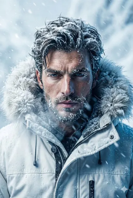 Cinematic arctic explorer blizzard portrait