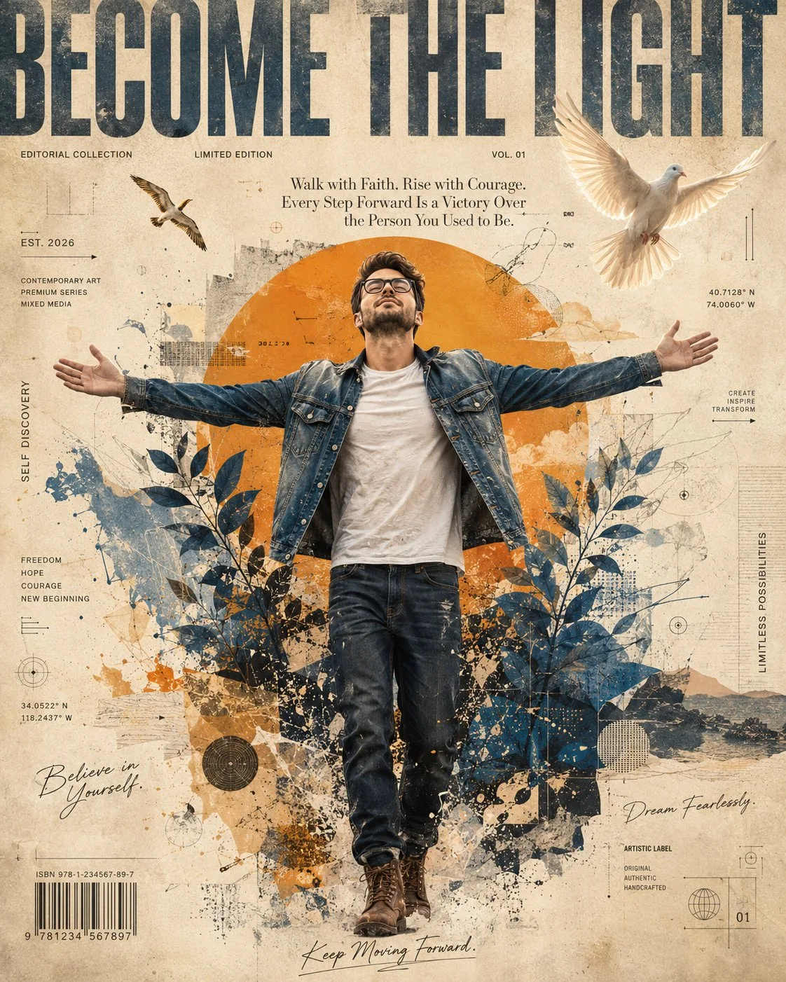Contemporary mixed media editorial man walking become the light — Sonra