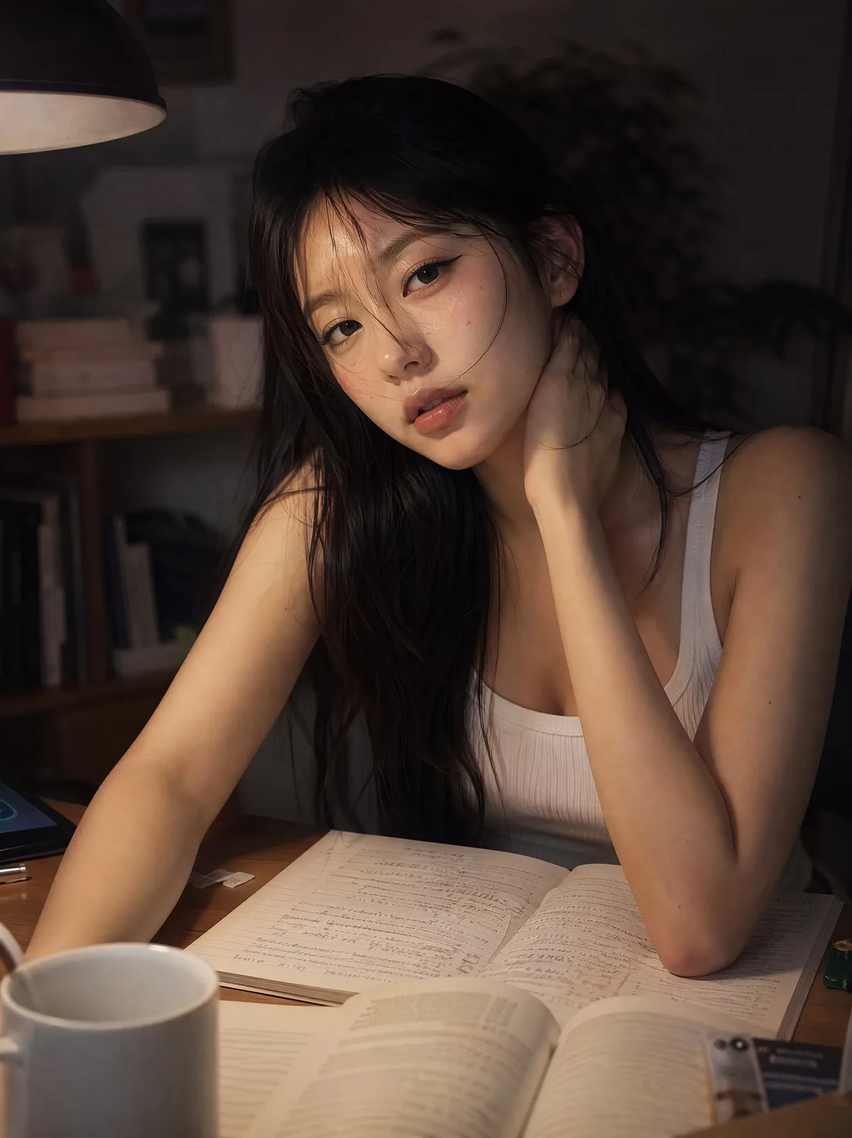 Late night study room korean clean girl portrait — Sonra