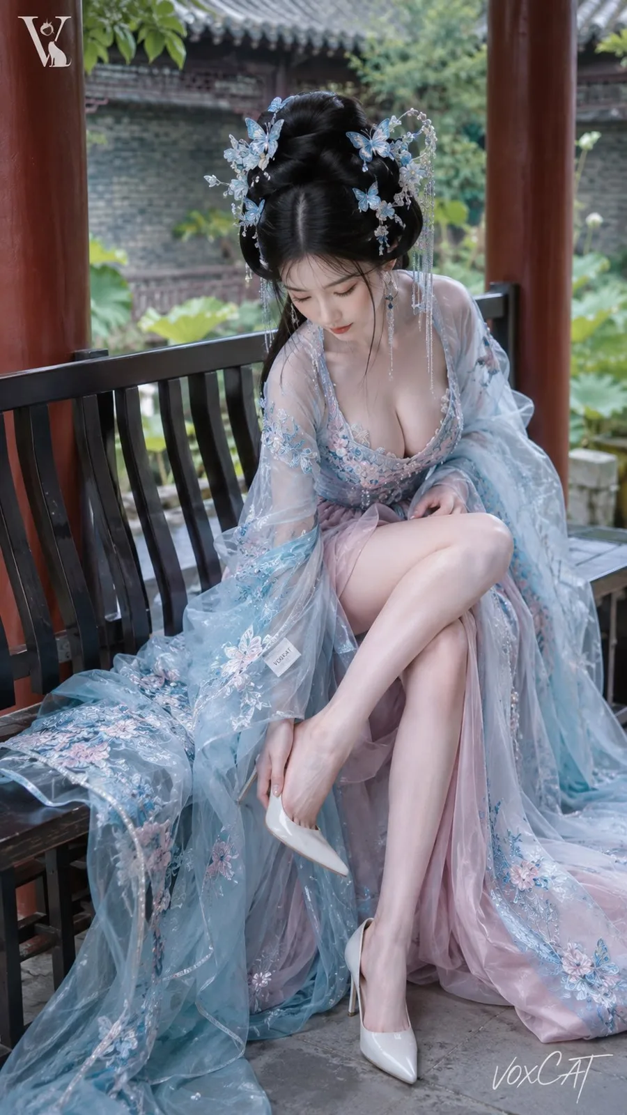 Ice blue hanfu lady putting on shoes in garden — Sonra