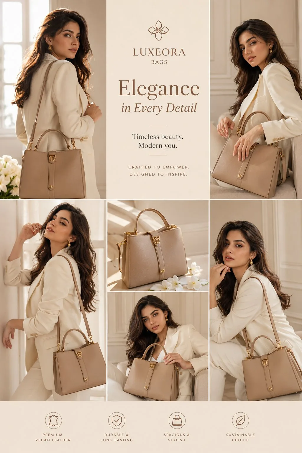 Ultra luxury fashion ad collage female model handbag — After