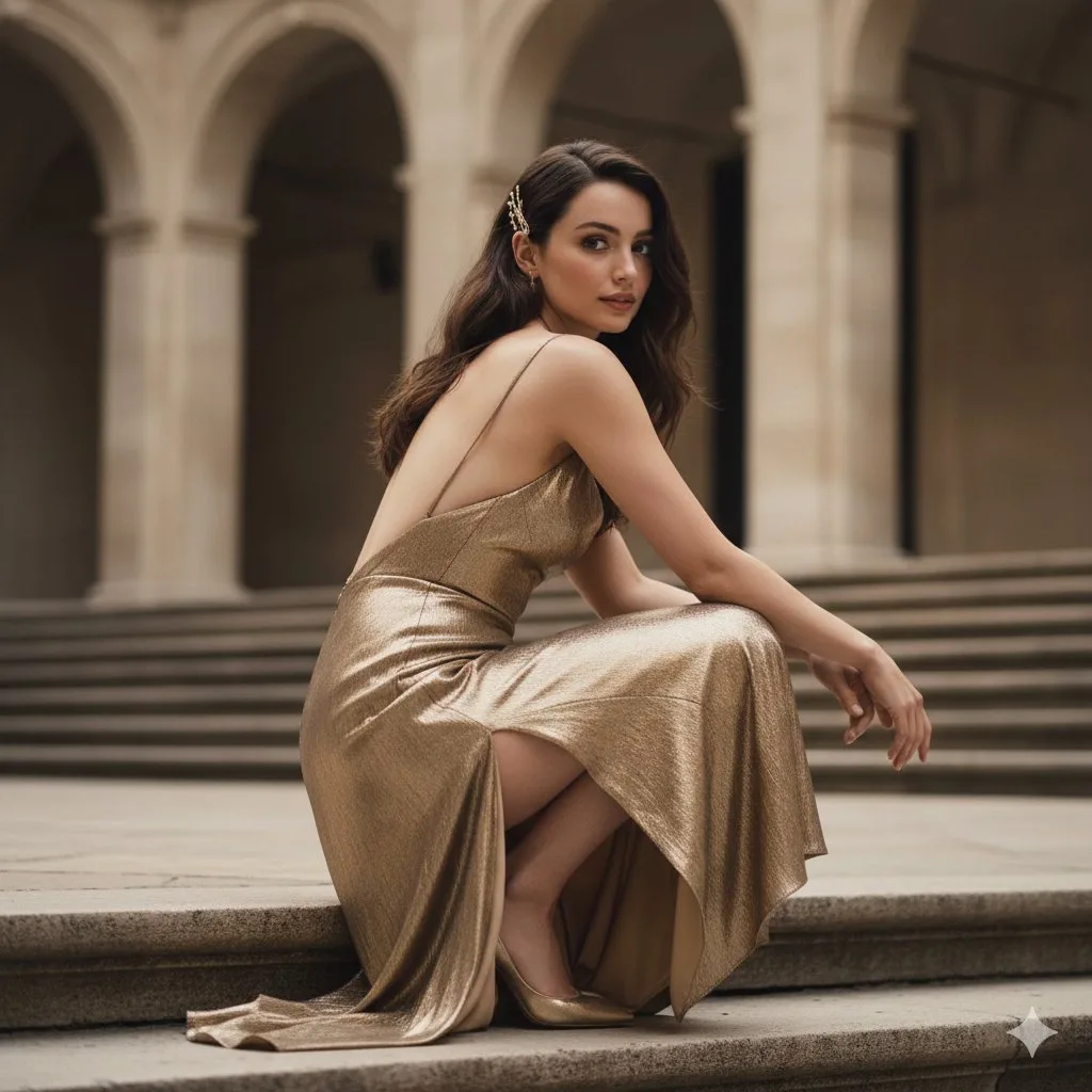 Golden gown courtyard glance — Sonra