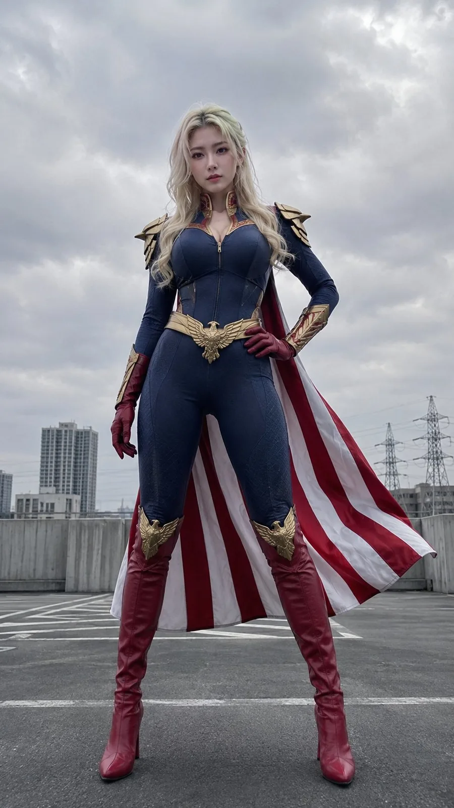 East asian female superhero city rooftop — After