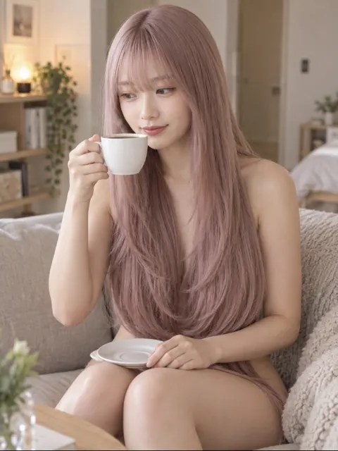 Girl drinking coffee on sofa with hair covering body