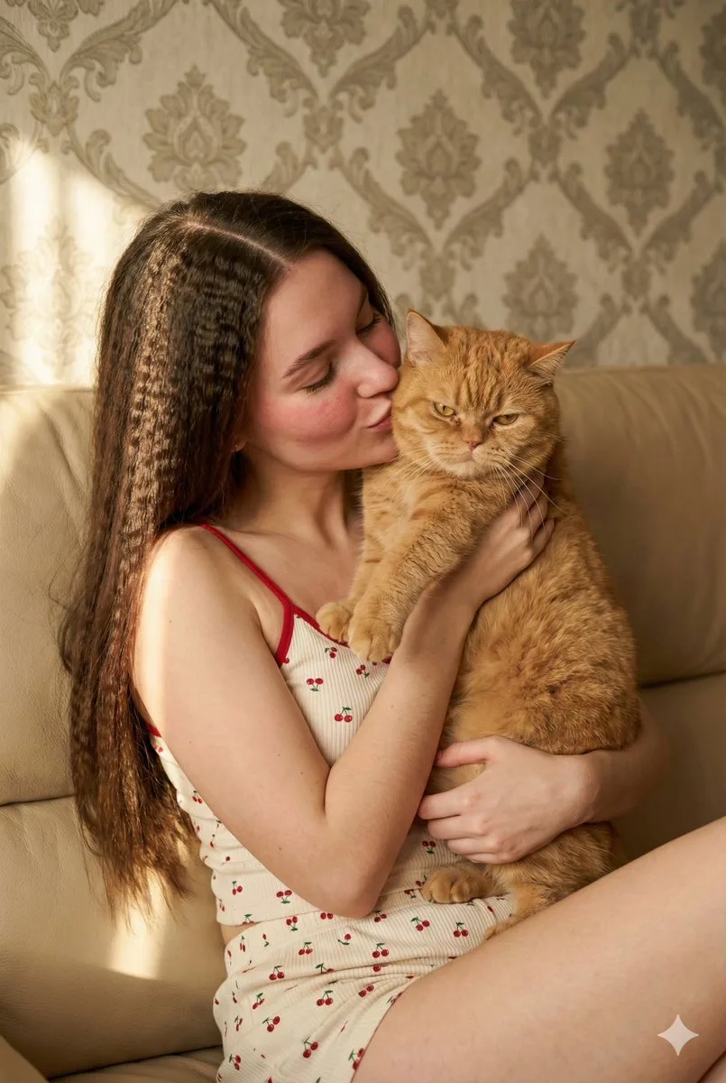 Cherry pajama girl kissing ginger cat — After