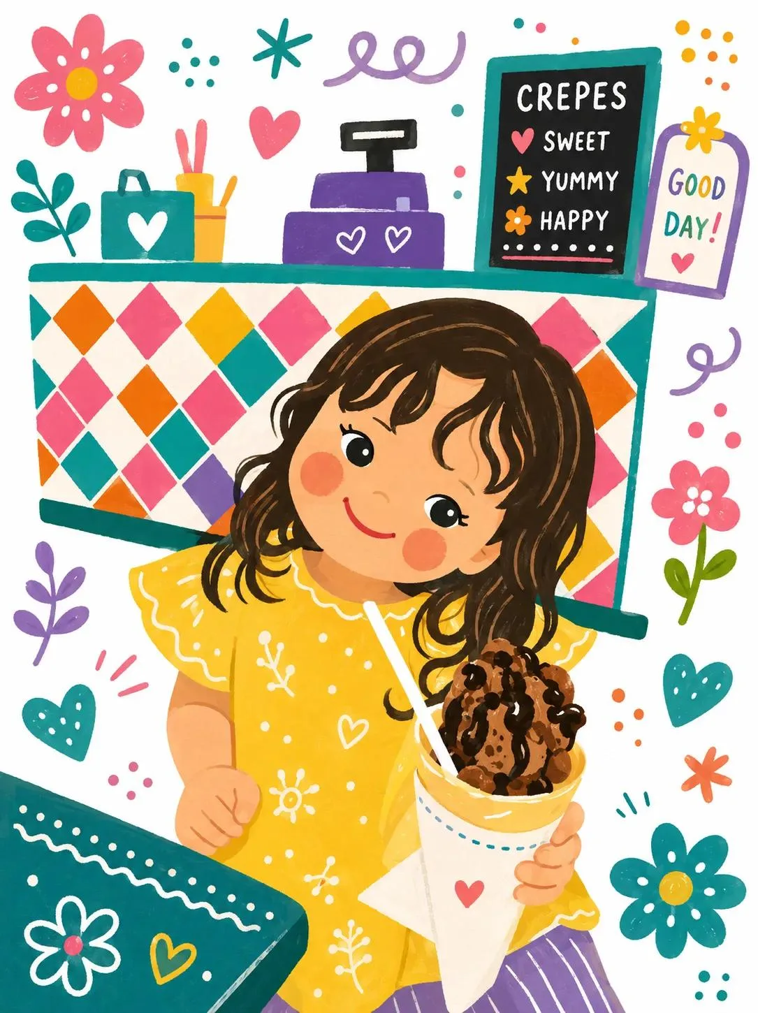 Whimsical storybook girl chocolate crepe illustration — After