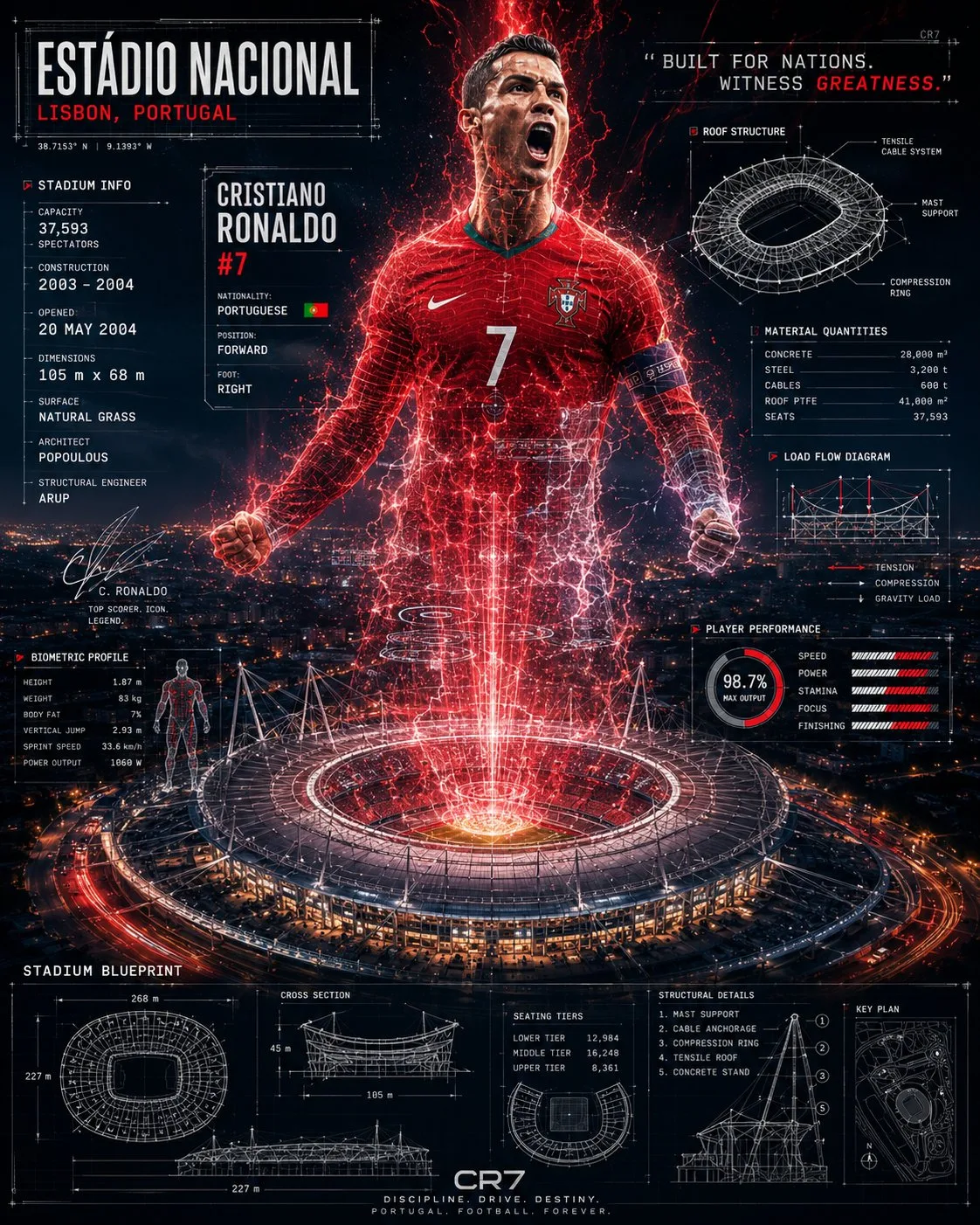 Cinematic football stadium holographic infographic poster — After