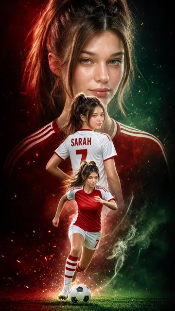 Ultra realistic cinematic female football poster triple exposure