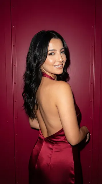 Crimson velvet backless satin look back