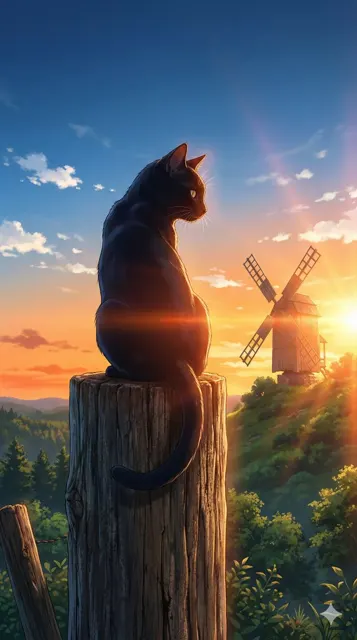 Sunset backlit black cat
