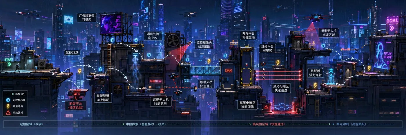 Ultra wide side scrolling game level design prompt — Sonra