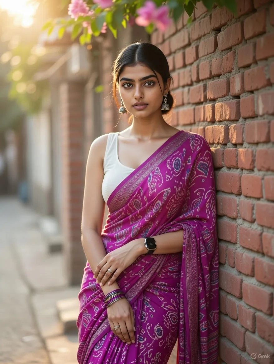 Golden sunlight purple saree portrait — Sonra