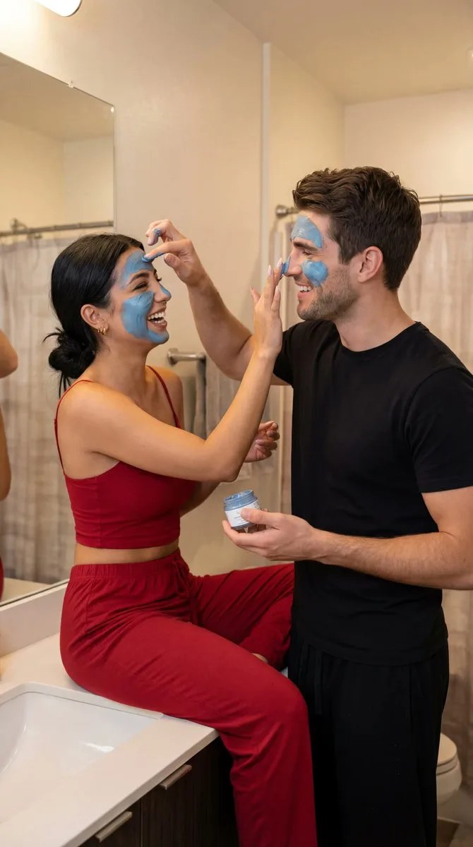 Cozy couple bathroom skincare moment — After