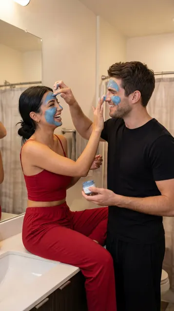 Cozy couple bathroom skincare moment