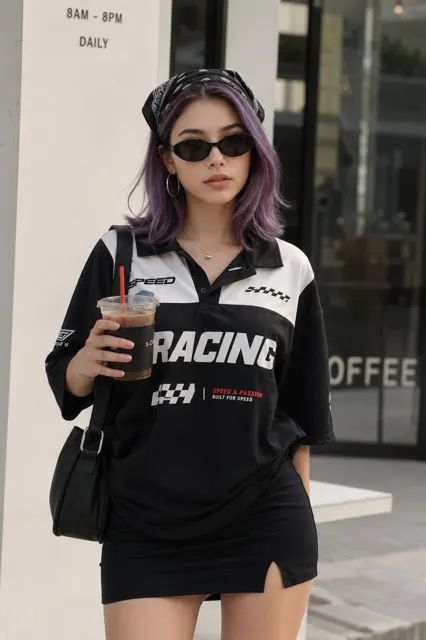 Stylish woman lavender hair motorsport polo street fashion