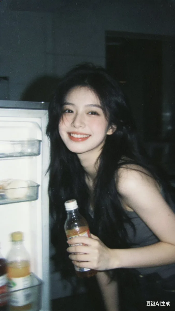Retro film girl by fridge — After
