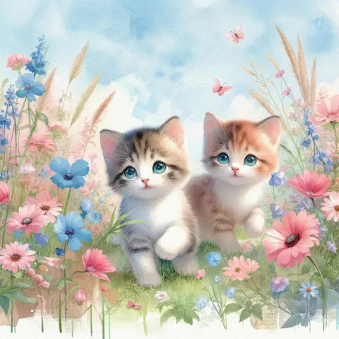 Dreamy watercolor kittens garden walk
