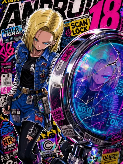 Android 18 cyberpunk techwear collector card poster