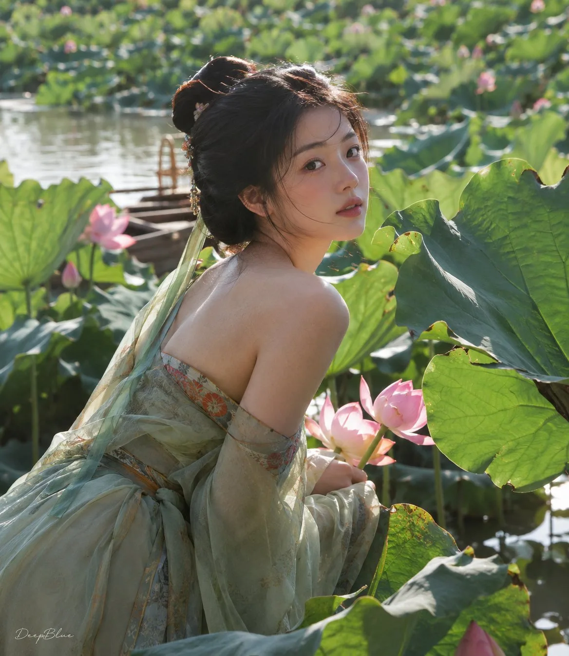 Tang dynasty lotus pond woman smartphone photography — After
