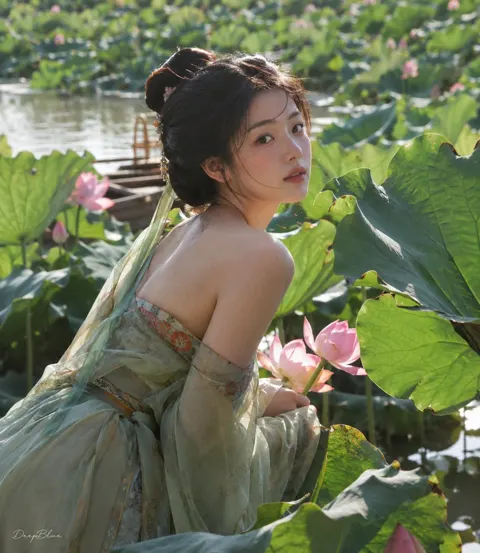 Tang dynasty lotus pond woman smartphone photography