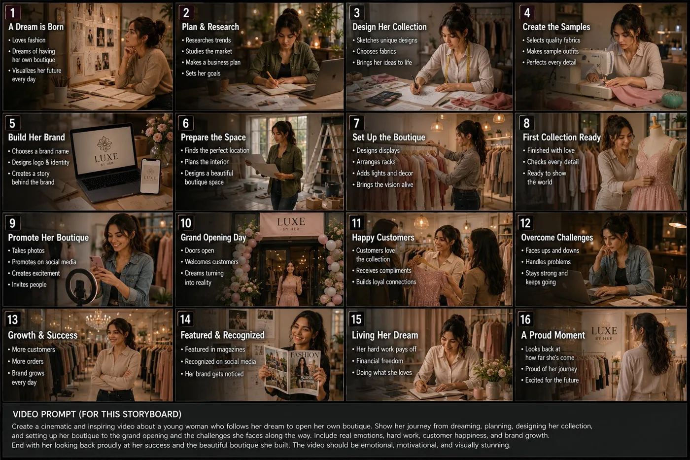 Cinematic fashion boutique entrepreneurship storyboard — Sonra