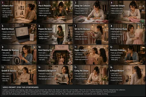 Cinematic fashion boutique entrepreneurship storyboard