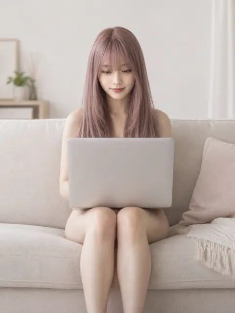 Living room sofa working woman